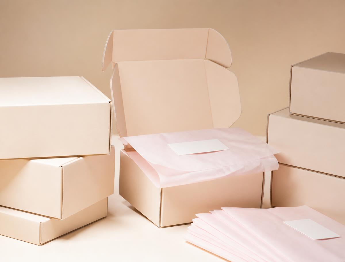 Boîtes d'expédition beiges et papier de soie prêts pour l'envoi