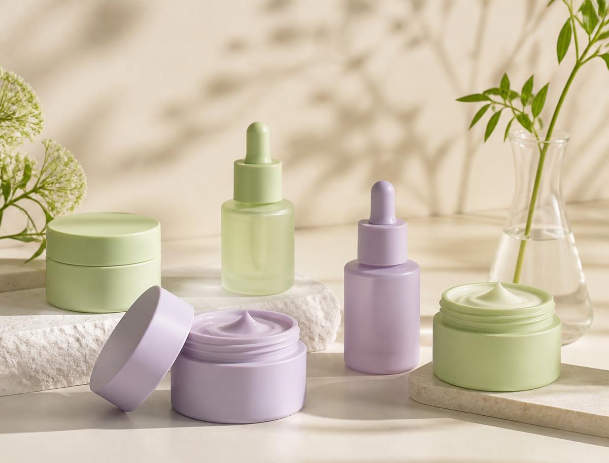 Pots de crème et flacons de sérum pastel sur fond crème