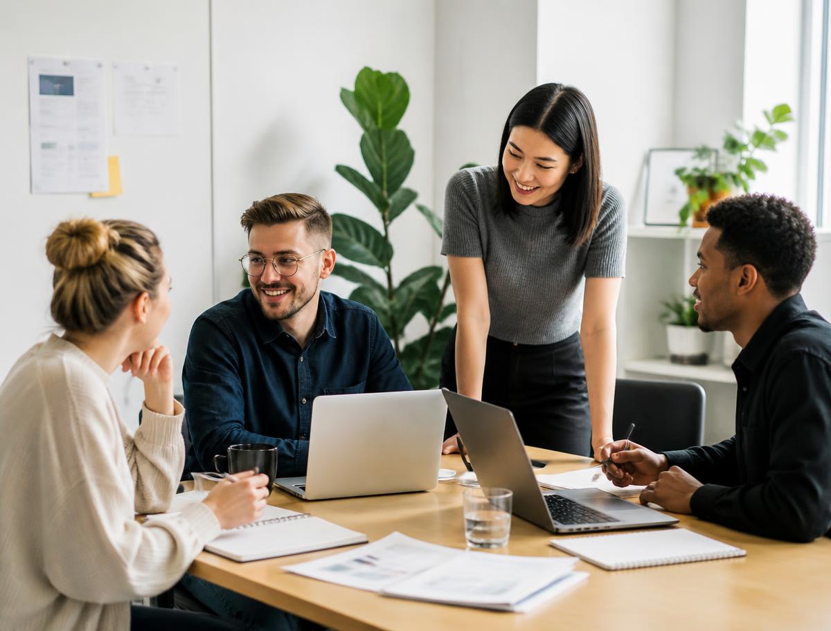 Équipe marketing réunie autour d'une table de travail lumineuse